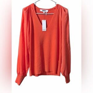 DKNY Salmon V-Neck Blouse XL Sheer Sleeves NWT
